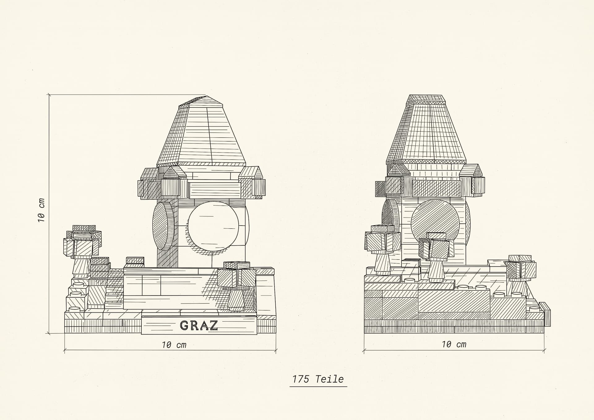 Technische Skizze vom MEMORENGA Modell Uhrturm