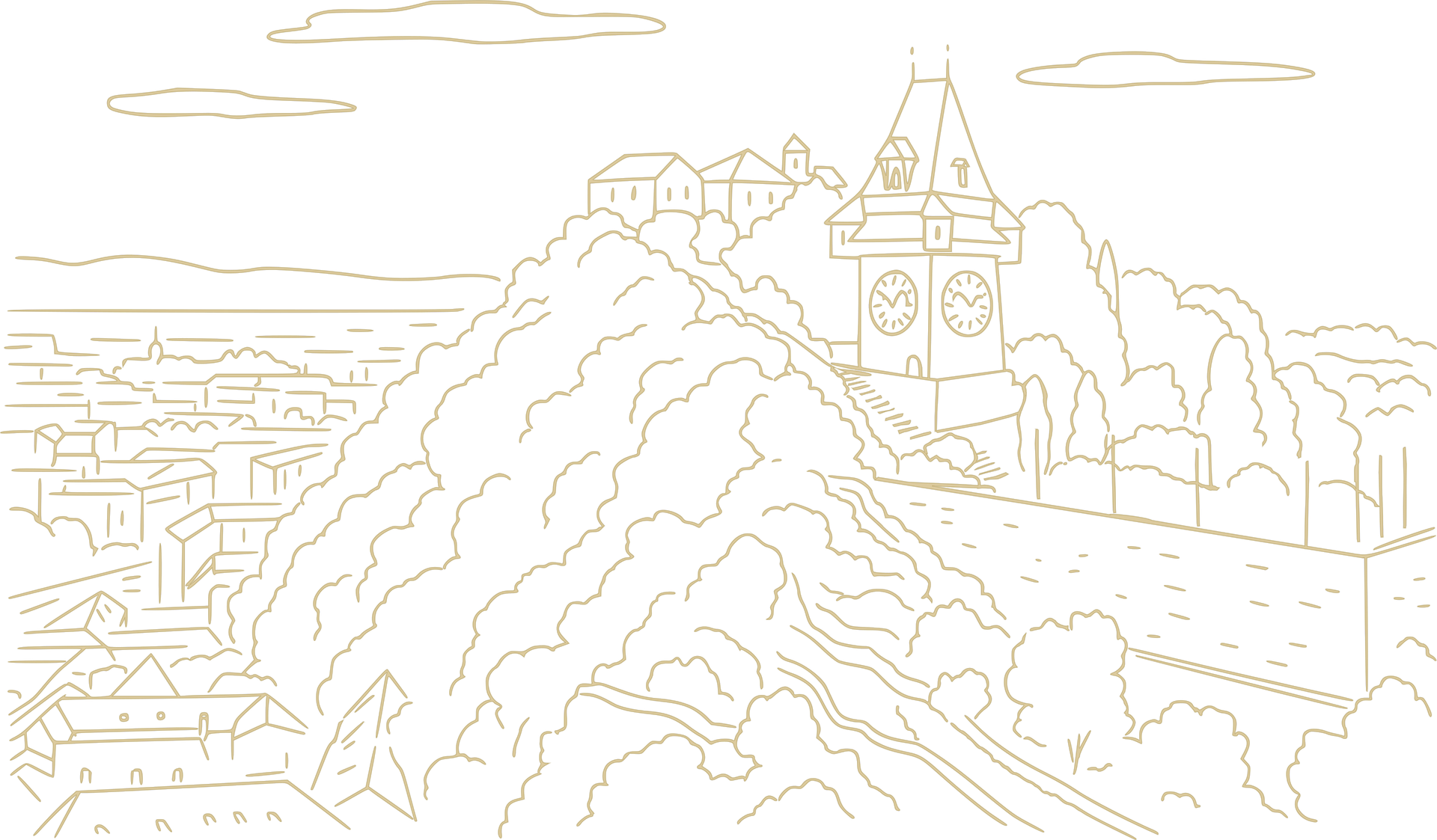 Illustrative Stadtgrafik mit Grazer Uhrturm